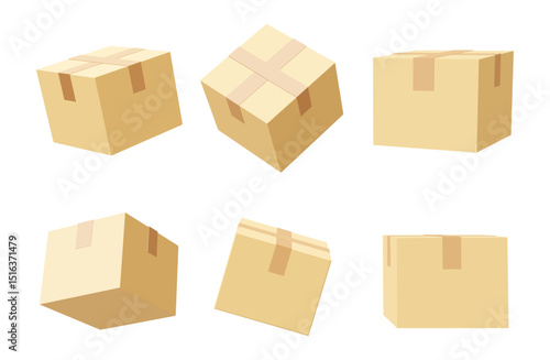 Vector illustration set of parcel box icons in front, side, top and angle view isolated on white background. 3D flash style. Simple, modern tone. For design, transport, logistics, shipping, e-commerce