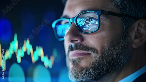 Businessman with glasses analyzing digital stock market data and financial chart reflection, focused technology and finance analysis, digital data, modern office and blue background, confident