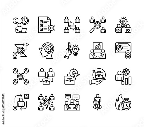 Work experience icon collection set. Overtime, Team communication, Job target, Job position, Problem solving, Simple line vector.