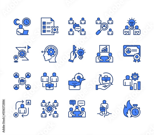 Work experience icon collection set. Overtime, Team communication, Job target, Job position, Problem solving, Simple line vector.