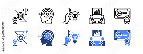 Work experience icon set with Challenge, Initiative, Problem Solving, Business Presentation, Qualification.