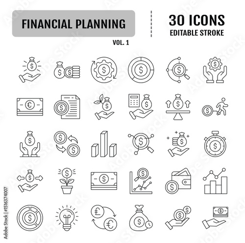 Financial planning icon set. Editable stroke. Vector illustration