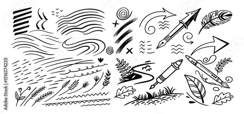 Hand-drawn ink design elements and symbols in a simple black and white style for illustrations