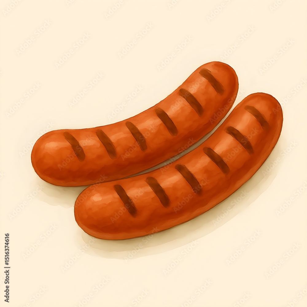 Two grilled sausages lie together, rendered in a painterly style on a light, soft background. Two grilled sausages lie together, rendered in a painterly style on a light, soft background.