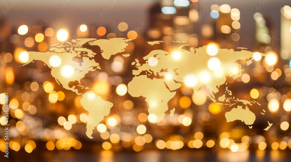 World map overlay with blurred city lights background representing global logistics and delivery World map overlay with blurred city lights background representing global logistics and delivery
