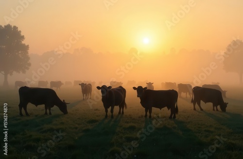 herd of cows grazing in a pasture in field in summer at sunset or sunrise in backlight of sun silhouettes. grazing cattle in nature