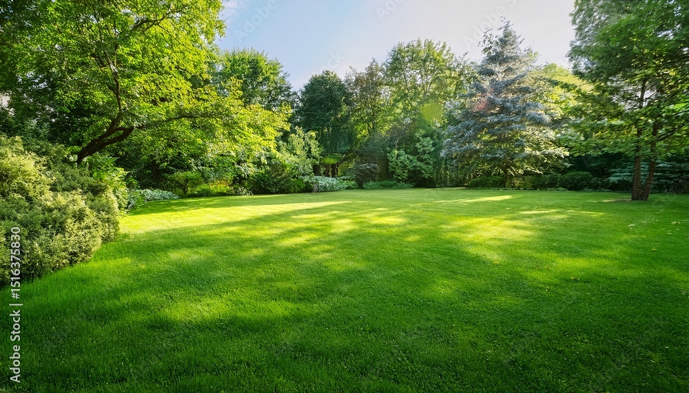 Obraz premium lush green garden with vibrant grass in the foreground and dense foliage framing the serene background under soft natural lighting