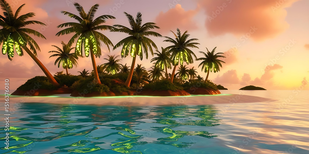 Tropical Island Sunset with Palm Trees and Reflective Turquoise Water
Tropical Island Sunset with Palm Trees and Reflective Turquoise Water