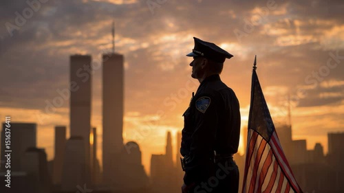 Police officer and American flag at sunrise, World Trade Center towers in background, reflecting remembrance and patriotism