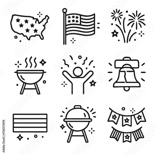 Independence Day America 9 line art icons for 4th of July celebrations. Perfect for banners, flyers, social media posts, and invitations.