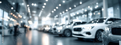 A blurred view of a car showroom with new vehicles on display   -