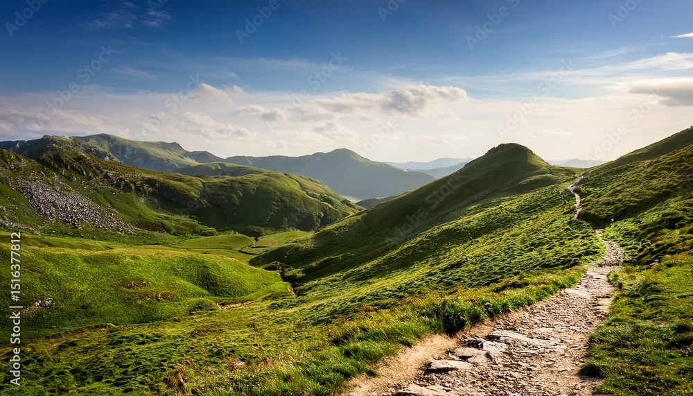 Fototapeta premium a narrow mountain path weaves through a lush green landscape bordered by rolling hills and distant peaks inviting adventure and tranquility amid nature s embrace