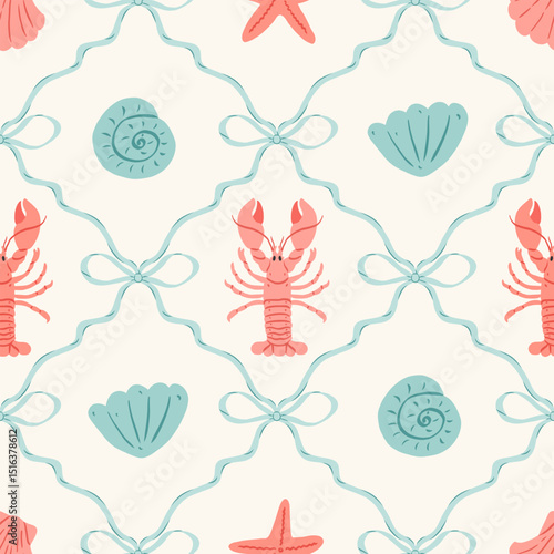 Cute marine seamless pattern with bows, lobster, crab, seashell and starfish. Preppy summer sea print. Coastal modern background. Vintage damask design for fabric, wallpaper or wrapping paper.