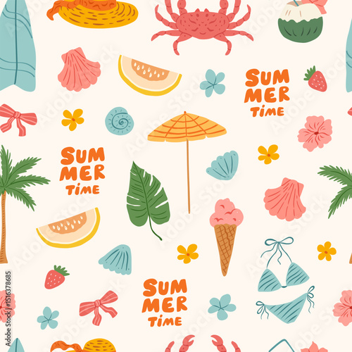 Summer vacation doodle seamless pattern. Beach and sea travel cute elements. Hand drawn palm tree, fruit, crab, seashell, flower, bikini, umbrella. Coastal print for fabric, wallpaper, wrapping paper.