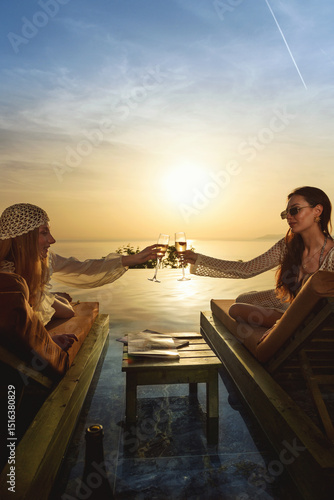 Canvastavla A brunette and blonde in their 20s clink champagne glasses on sunbeds during a p