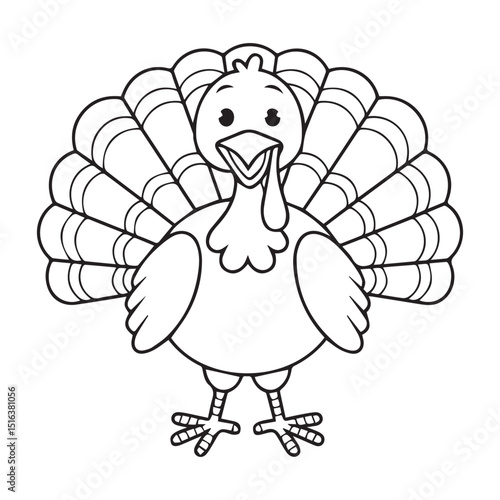 Cute cartoon turkey wearing a pilgrim hat wishes happy thanksgiving day outlined for coloring page on white background