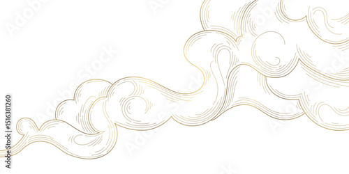 Vector line smoke, cloud golden illustration. Abstract luxury flow wavy design, premium dynamic curve background