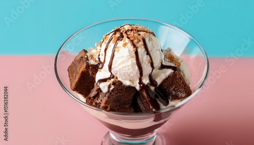 brownie sundae with chocolate sauce and whipped cream in glass dish topped with vanilla ice cream on pastel pink and blue background