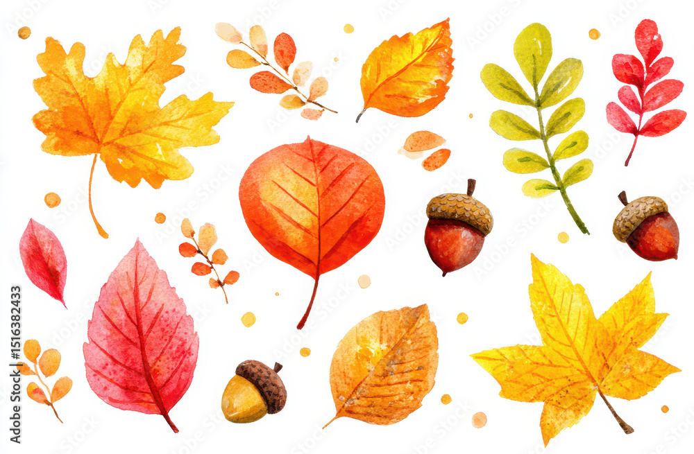 Obraz premium Watercolor illustration of autumn leaves and acorns in vivid colors