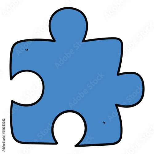 Hand drawn cartoon blue puzzle piece on white background.