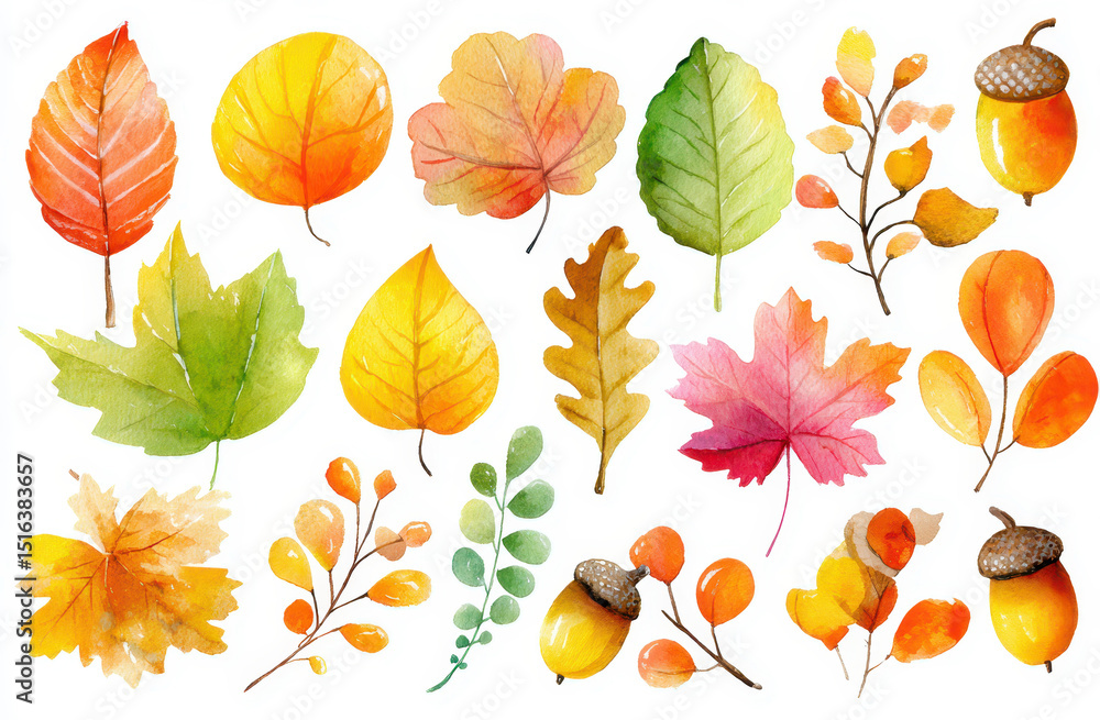Obraz premium Colorful watercolor illustration of autumn leaves and seasonal nature elements