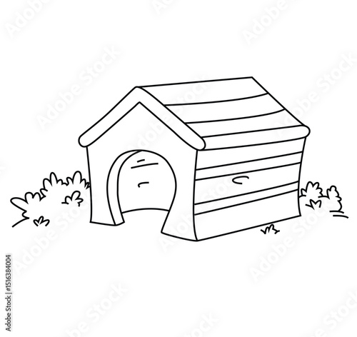 Cute cartoon hand drawn vector dog kennel outline.
