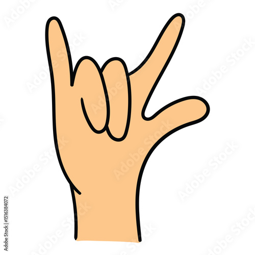 Hand drawn cartoon rock horn gesture on white background.