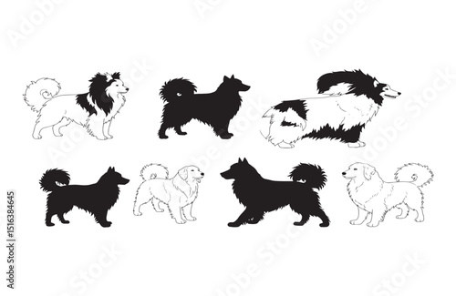 Collection of Dog Breed Silhouettes Alaskan Malamute, Siberian Husky, Finnish Spitz, and More