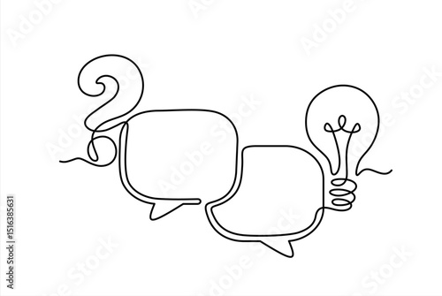Quick tips. Continuous one line drawing of question mark, light bulb and speech bubbles. Trendy line art vector on a white background. Vector illustration. Hand drawn one line vector. Editable stroke