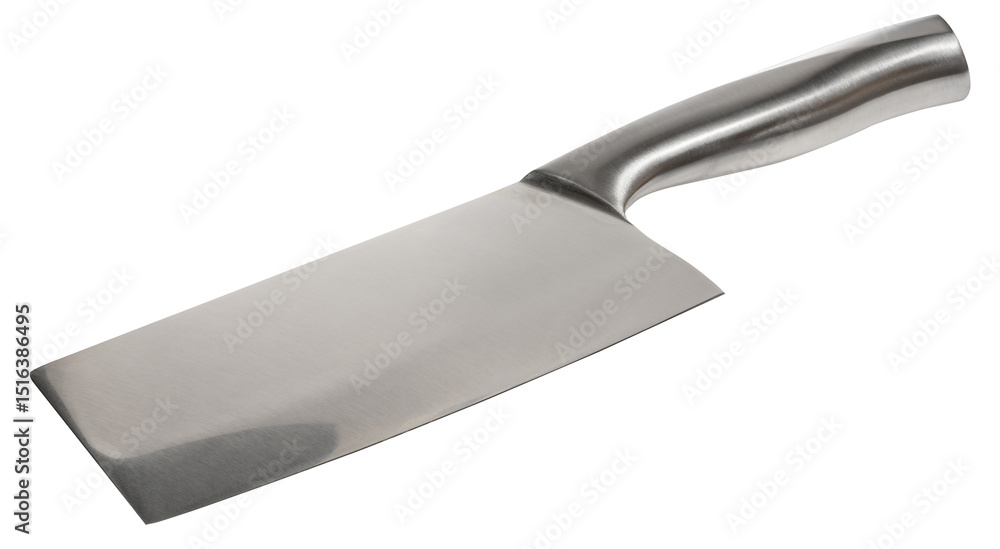 Kitchen knife cleaver with wide blade and metal handle. Close-up of knife on isolated background Kitchen knife cleaver with wide blade and metal handle. Close-up of knife on isolated background