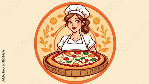 Cartoon illustration of a cheerful female chef holding a freshly baked pizza topped with cheese, vegetables, and herbs, set against a decorative background