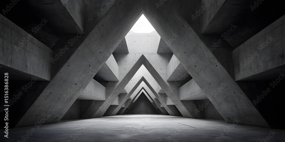 Fototapeta premium Symmetrical wide-angle view of sharp concrete structural lines in a Brutalist interior, converging centrally toward a skylight, stark shadows defining geometric forms.