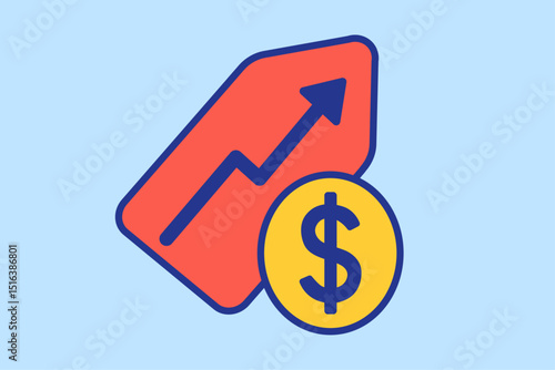 Flat icon of rising price tag and dollar coin symbolizing sales growth and revenue increase. Ideal for business, finance, e-commerce, marketing, websites, presentations, apps. Simple vector