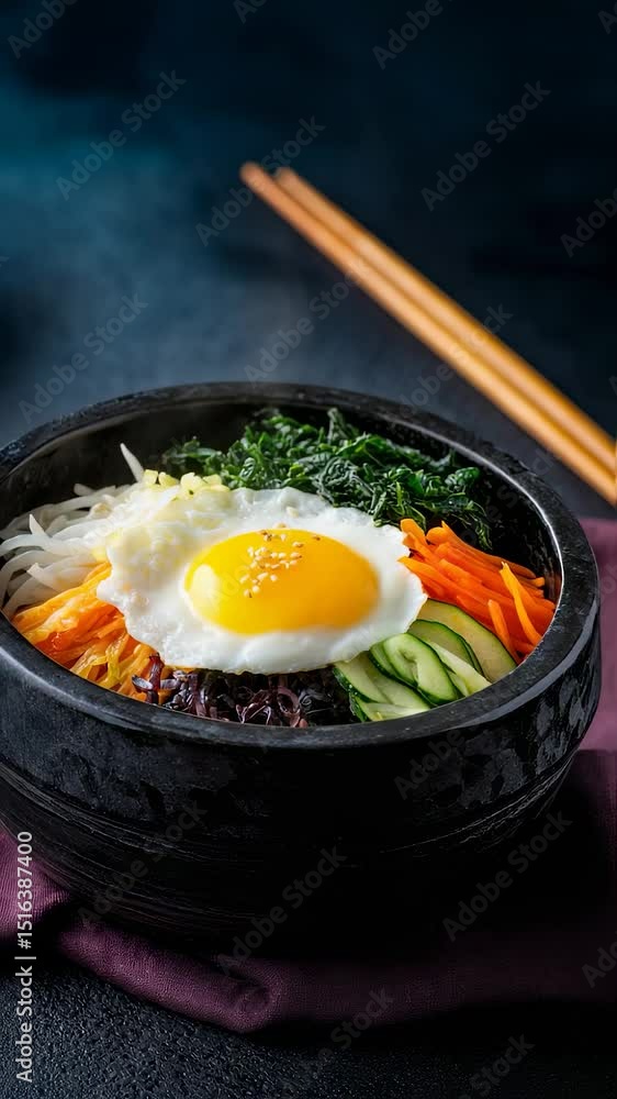 Vertical video Korean bibimbap served in a sleek black stone bowl with vegetables, fried egg, and gochujang Vertical video Korean bibimbap served in a sleek black stone bowl with vegetables, fried egg, and gochujang