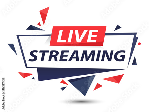 A bold "live streaming" graphic in red, white, and blue, with dynamic triangular elements, perfect for online broadcasts and media platforms.