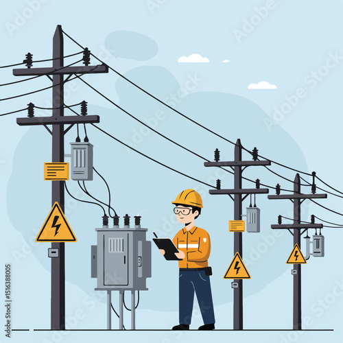 An electrical engineer in a yellow hard hat and safety glasses inspects electrical equipment near power lines, taking notes on a clipboard.