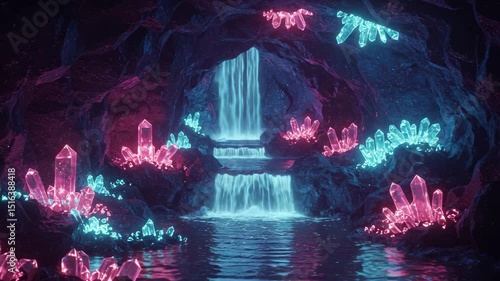 Glowing crystals in a fantasy cave waterfall scene, loop waterfall 