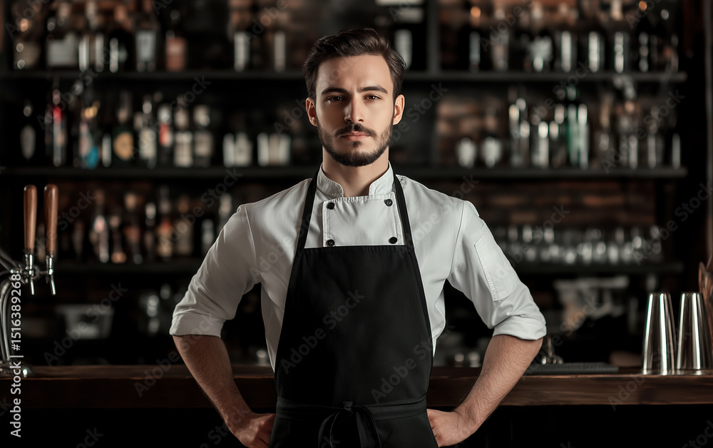 Fototapeta premium Chef kitchen apron. Chef cook in uniform, kitchen apron, protective apparel, culinary environment, food service setting, chef in kitchen interior, apron mock-up. Realistic style photo.