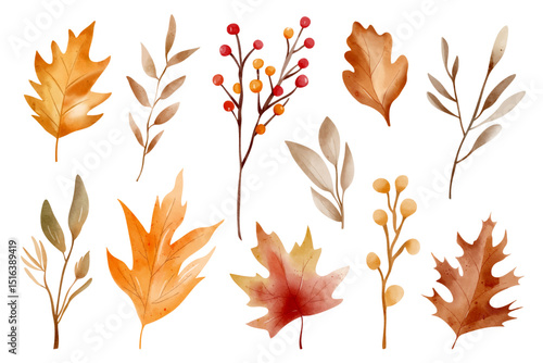 Autumn watercolor set. Hand painted herbs, branches and leaves for rustic seasonal design and decoration