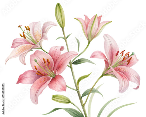 Pink lilies: watercolor illustration of a bouquet of flowers, isolated on a white background. Elegant and delicate design for postcards, invitations and floral themes.