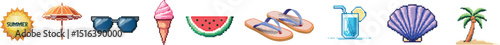 Pixel summer icons set: sun, umbrella, sunglasses, ice cream, watermelon, flip flops, drink, shell, palm.