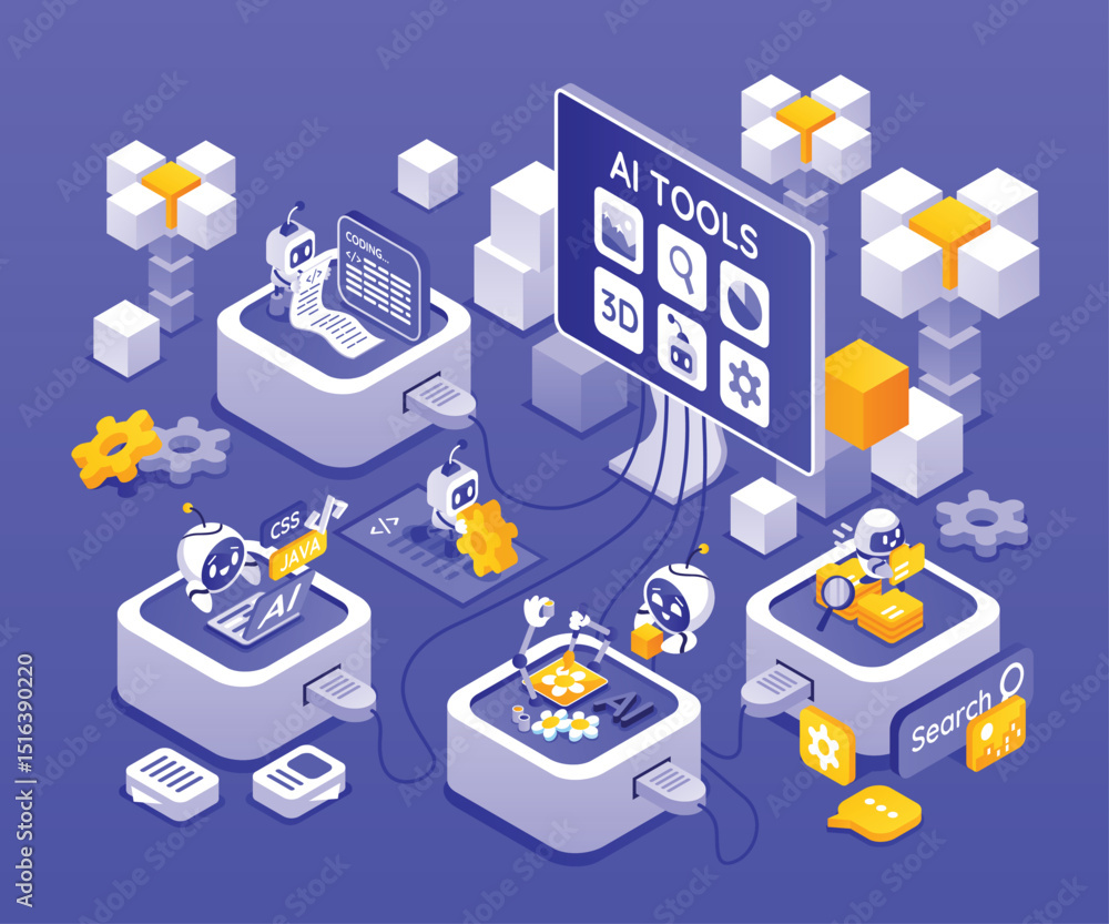 Obraz premium Blue AI Tools Isometric Illustration