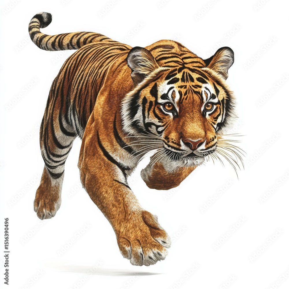 Obraz premium High-Resolution Realistic Illustration of a Dynamic Leaping Tiger with Detailed Fur, Intense Gaze, Forward-facing Face, Black Stripes, Warm Orange and Brown Colors, Isolated on White