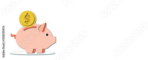 piggy bank money saver with golden dollar coin papercut illustration background with copyspace, Paper cut decorations for financial planning cutout design backdrop with negative space