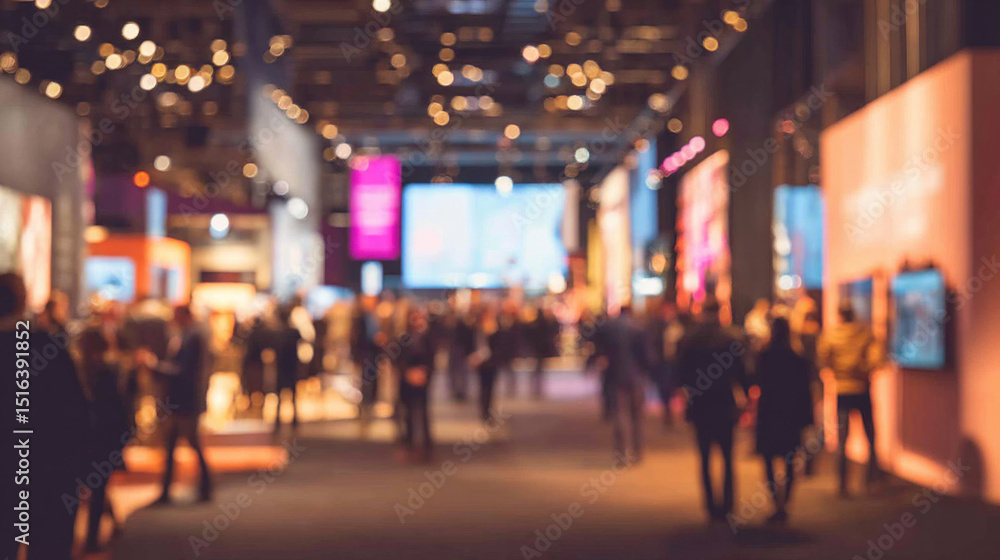 Fototapeta premium Blurred image of people at a product showcase event, elegant trade booths, ambient lighting, professional signage, crowds navigating through pathways, modern exhibition layout and brand presentations