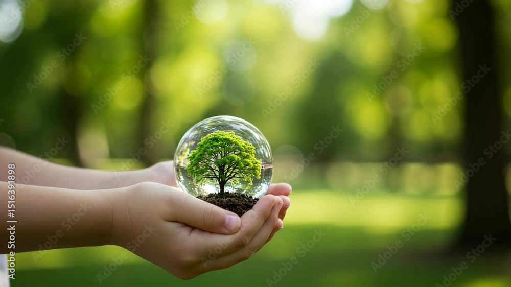 Hands holding crystal sphere with tree outdoors, World Environment Day, Save the Earth, Environmental Hands holding crystal sphere with tree outdoors, World Environment Day, Save the Earth, Environmental
