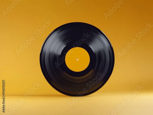 Wallpaper Mural Vinyl Record with Bright Yellow Label and Black Grooves in Studio Shot on Yellow Background, Minimalist Design for Music Promotion, Vintage Technology Decor, Retro Artistic Torontodigital.ca