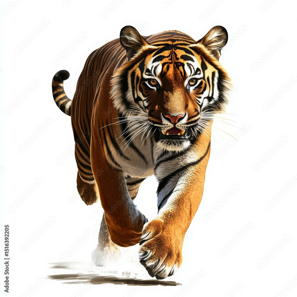 Obraz premium Vivid realistic digital illustration of a powerful forward-facing tiger with detailed orange and black striped fur and sharp claws on a plain white background, conveying strength