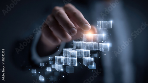 Businessman assembling digital blocks into futuristic structure, glowing holographic interface in background, concept of strategic growth and innovation in business technology