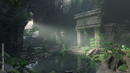 Tableau sur toile Old fantasy temple ruins in an overgrown underground cave lit by sunlight from above